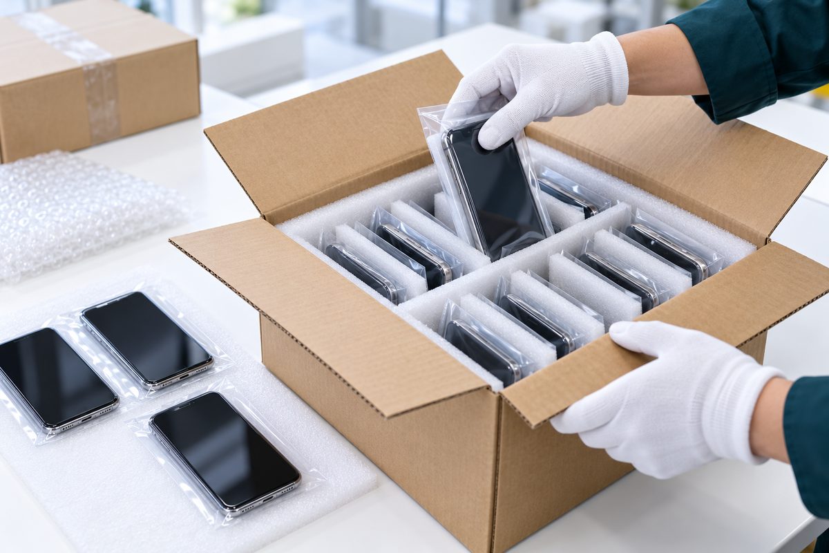 検品済みのスマートフォンを丁寧に箱詰めする様子