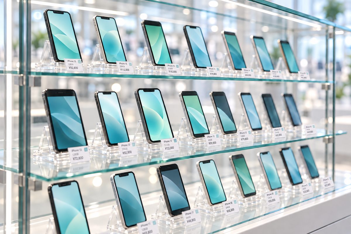 検品を終えて展示されたスマートフォン