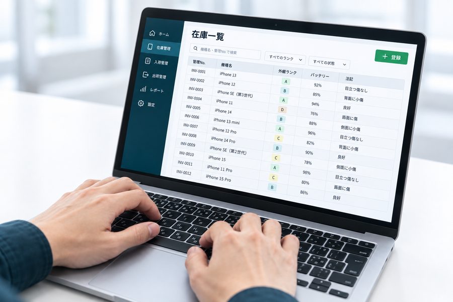 在庫一覧に端末情報を入力する様子